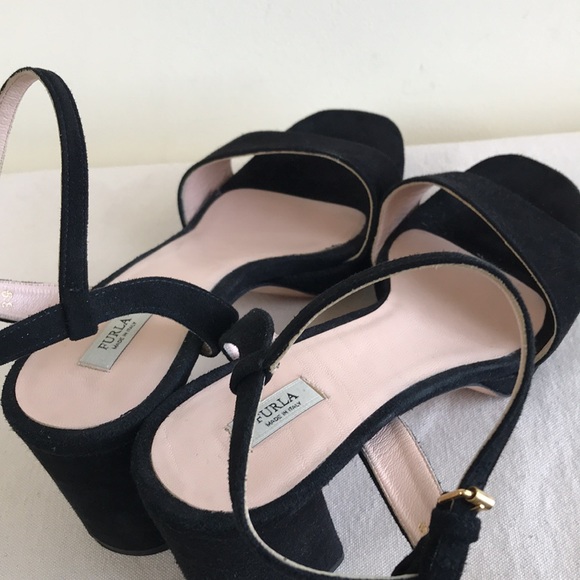 EUC Furla Italy sz 39 sandal heels black suede chunky heel strappy ankle strap - Picture 12 of 14